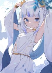 Rule 34 | 1girl, absurdres, armpits, arms up, blue eyes, blue hair, blunt bangs, braid, commentary, gawr gura, gawr gura (party dress), hair ribbon, highres, hololive, hololive english, klaius, looking at viewer, multicolored hair, official alternate costume, ribbon, solo, streaked hair, toga, two-tone hair, virtual youtuber, white hair, yellow ribbon
