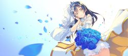 Rule 34 | 1girl, artist name, artist request, bare shoulders, blue flower, blue hair, blue petals, blush, bouquet, bracelet, breasts, cleavage, collarbone, dress, earrings, female focus, flower, flower bracelet, fur collar, hair between eyes, hair flower, hair ornament, hand on own face, highres, holding, holding bouquet, jewelry, long hair, looking at viewer, love live!, love live! school idol festival, love live! school idol project, parted lips, pearl bracelet, petals, puffy short sleeves, puffy sleeves, short sleeves, shorts, shorts under skirt, skirt, smile, solo, sonoda umi, tiara, veil, wedding dress, white dress, white skirt, white veil, yellow eyes