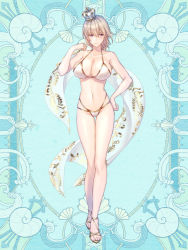 Rule 34 | 1girl, bikini, blonde hair, blue background, breasts, cleavage, crown, full body, hand on own hip, hand up, hi-na1, kerberos blade, large breasts, looking at viewer, mini crown, navel, sandals, short hair, simple background, solo, standing, swimsuit, white bikini