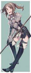 Rule 34 | 1girl, armor, bad id, bad twitter id, blue eyes, blue hair, cynthia (fire emblem), fire emblem, fire emblem awakening, garter straps, gloves, highres, looking at viewer, nintendo, pegasus knight uniform (fire emblem), polearm, simple background, smile, solo, spear, thighhighs, thighs, twintails, weapon