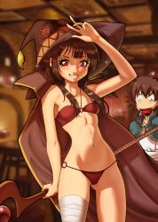 1boy 1girl absurdres bandaged_leg bandages bikini blurry blurry_background breasts brown_hair cape collarbone constricted_pupils cowboy_shot depth_of_field grin hat highres holding holding_staff indoors kono_subarashii_sekai_ni_shukufuku_wo! looking_at_viewer mago-negro megumin navel red_bikini red_eyes satou_kazuma short_hair_with_long_locks small_breasts smile staff standing surprised swimsuit witch_hat