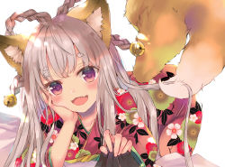 Rule 34 | 1girl, :3, animal ear fluff, animal ears, bell, blush, fang, fox ears, fox tail, highres, japanese clothes, kimono, looking at viewer, mito (go!go!king!), open mouth, original, purple eyes, simple background, skin fang, solo, tail, thick eyebrows, white hair