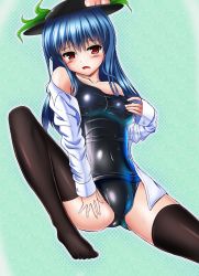 Rule 34 | 1girl, alternate breast size, black thighhighs, blue hair, blush, breasts, cameltoe, cleft of venus, collarbone, covered navel, female focus, food, fruit, groin, hat, highres, hinanawi tenshi, honda takaharu, leaf, long hair, long sleeves, looking at viewer, off shoulder, one-piece swimsuit, open clothes, open mouth, open shirt, peach, red eyes, school swimsuit, shiny clothes, shirt, sitting, skindentation, solo, spread legs, strap pull, sweat, swimsuit, thighhighs, touhou, wet, wet clothes