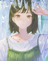 Rule 34 | 1girl, aspara, bra strap, collarbone, expressionless, green hair, grown eyes, hand up, highres, laundry, laundry pole, light particles, looking at viewer, portrait, short hair, solo, window