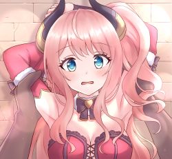 Rule 34 | 1girl, arm grab, armpits, arms behind head, blue eyes, blush, bow, breasts, cleavage, commentary request, detached sleeves, highres, horns, long hair, looking at viewer, medium breasts, pink hair, pov, princess connect!, purple bow, sidelocks, suzuna isurugi, wall, zeatto