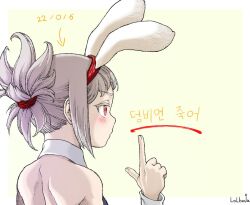 Rule 34 | 1girl, animal ears, arrow (symbol), artist name, bare shoulders, battle bunny riven, black leotard, blush, dated, fake animal ears, from side, grey hair, hair ornament, hand up, index finger raised, league of legends, leotard, lolboja, ponytail, profile, red eyes, riven (league of legends), short hair, solo, translation request, wrist cuffs