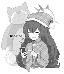 Rule 34 | 1girl, puff of air, absurdres, blue archive, blush, cellphone, closed eyes, commentary, creatures (company), crossover, english commentary, game freak, gen 1 pokemon, greyscale, hair between eyes, halo, hat, highres, holding, holding phone, iroha (blue archive), keke (user djyu7823), long hair, long sleeves, monochrome, nintendo, pajamas, phone, pokemon, pokemon (creature), pokemon sleep, polka dot, polka dot headwear, polka dot pajamas, pom pom (clothes), simple background, smartphone, snorlax, star (symbol)