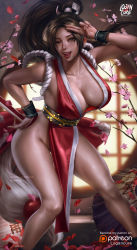 Rule 34 | 1girl, absurdres, artist name, breasts, brown eyes, brown hair, cherry blossoms, cleavage, deviantart username, fatal fury, female focus, folding fan, hand fan, highres, holding, large breasts, logan cure, long hair, looking at viewer, one eye closed, open mouth, patreon logo, patreon username, pelvic curtain, ponytail, shiranui mai, smile, solo, standing, twitter username, watermark, web address, wink