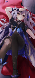 Rule 34 | 1girl, absurdres, arm ribbon, black dress, black pantyhose, breasts, bug, butterfly, cone hair bun, dress, genshin impact, hair bun, hand on own forehead, high heels, highres, insect, keqing (genshin impact), keqing (opulent splendor) (genshin impact), long hair, looking at viewer, lucy (rusi-juren328), lying, medium breasts, nail polish, official alternate costume, on back, pantyhose, parted lips, purple dress, purple eyes, purple footwear, purple hair, purple nails, ribbon, solo, twintails, two-tone dress