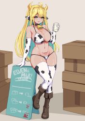 Rule 34 | 1girl, animal ears, animal print, aqua eyes, bell, bikini, blonde hair, blush, boots, box, breasts, cardboard box, cleavage, collar, cow ears, cow girl, cow horns, cow print, cowbell, cup, curvy, dark-skinned female, dark skin, drinking glass, ear tag, elbow gloves, elf, elven forest maker, elven forest maker (last origin), female focus, full body, gloves, groin, heart, heart-shaped pupils, highres, horns, large breasts, last origin, leg up, looking at viewer, manme, milk, navel, neck bell, pointy ears, pubic tattoo, smile, solo, standing, swimsuit, symbol-shaped pupils, tattoo, thick thighs, thighhighs, thighs, wide hips