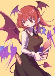 Rule 34 | 1girl, bat (animal), black skirt, blouse, blush, book, book stack, breasts, collared shirt, demon girl, demon tail, demon wings, e sdss, hair between eyes, head wings, highres, holding, holding book, koakuma, long hair, long sleeves, looking at animal, low wings, medium breasts, necktie, open mouth, pointy ears, red eyes, red hair, shirt, simple background, skirt, solo, sweatdrop, tail, touhou, vest, white shirt, wings, yellow background