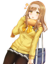 Rule 34 | 1girl, :o, artist name, artist request, bag, blue sky, blush, breasts, brown eyes, brown hair, carrying bag, cloud, eyebrows, female focus, grey skirt, hair between eyes, headband, highres, holding, holding clothes, holding scarf, inanaki shiki, kunikida hanamaru, light brown hair, long hair, long sleeves, looking at viewer, love live!, love live! sunshine!!, matching hair/eyes, miniskirt, orange scarf, outdoors, pantyhose, parted lips, pleated skirt, scarf, school uniform, skirt, sky, sleeves past wrists, small breasts, solo, sweater, white background, yellow eyes