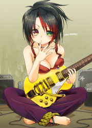 Rule 34 | 1girl, amplifier, anklet, barefoot, bikini, bikini top only, black hair, blush, breast press, breasts, cleavage, electric guitar, english text, face, feet, female focus, green eyes, guitar, heterochromia, indian style, instrument, jewelry, kuromaru9, large breasts, multicolored eyes, multicolored hair, original, pants, red eyes, red hair, short hair, sitting, solo, swimsuit, yellow eyes