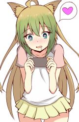 Rule 34 | 1girl, absurdres, ahoge, animal ear fluff, animal ears, atalanta (fate), blush, brown hair, cat ears, cellphone, collarbone, commentary request, cowboy shot, drooling, fate/apocrypha, fate (series), gradient hair, green eyes, green hair, hair between eyes, hands up, heart, heart-shaped pupils, highres, holding, holding phone, mitchi, multicolored hair, nose blush, parted lips, phone, pleated skirt, raglan sleeves, saliva, shirt, short sleeves, simple background, skirt, solo, spoken heart, symbol-shaped pupils, white background, white shirt, yellow skirt