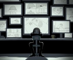Rule 34 | 2boys, absurdres, avogado6, bed, black footwear, black hair, black pants, black shirt, blanket, brown hair, chair, commentary, crossed arms, cup, depressed, empty eyes, full body, highres, iron bars, kidnapped, kidnapper (avogado6), knees up, looking at viewer, looking down, monitor, multiple boys, muted color, original, pants, pillow, shirt, table, white pants, white shirt, yandere, yaoi