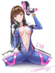 Rule 34 | 1girl, animal print, arm behind back, blue bodysuit, blush, bodysuit, breasts, breasts apart, brown eyes, brown hair, character name, charm (object), clothes writing, collarbone, commentary request, cowboy shot, crotch, d.va (overwatch), dated, facepaint, facial mark, finger on trigger, gloves, gun, handgun, headphones, headphones around neck, highres, holding, holding gun, holding weapon, janload1ng, large breasts, long hair, looking at viewer, navel, no bra, open bodysuit, open clothes, overwatch, overwatch 1, pilot suit, pink lips, pistol, rabbit print, ribbed bodysuit, shoulder pads, signature, simple background, skin tight, solo, spread legs, swept bangs, unzipped, weapon, whisker markings, white background, white gloves