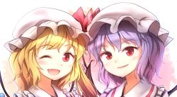 Rule 34 | 2girls, ;d, bat wings, blonde hair, collar, demon wings, eyelashes, flandre scarlet, frilled collar, frills, gradient hair, hat, hat ribbon, light smile, minust, mob cap, multicolored hair, multiple girls, one eye closed, open mouth, orange hair, parted lips, purple hair, red eyes, red ribbon, remilia scarlet, ribbon, siblings, side ponytail, sisters, slit pupils, smile, tareme, touhou, upper body, white background, white headwear, wings