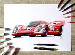 2024 anthony-c art_tools_in_frame car colored_pencil colored_pencil_(medium) commentary english_commentary highres le_mans_prototype marker marker_(medium) motor_vehicle pencil porsche porsche_917 race_vehicle racecar red_car shadow signature simple_background traditional_media vehicle_focus white_background world_sportscar_championship