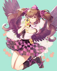 Rule 34 | 1girl, black wings, brown hair, cellphone, checkered clothes, checkered skirt, geta, hat, highres, himekaidou hatate, looking at viewer, phone, simple background, skirt, smile, solo, tengu-geta, tokin hat, tomobe kinuko, touhou, twintails, v, wings