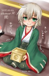 Rule 34 | 1girl, ahoge, artist logo, blonde hair, box, commentary request, dated, green eyes, green kimono, highres, japanese clothes, kantai collection, kimono, kotowari (newtype kenkyuujo), layered clothes, layered kimono, looking at viewer, messy hair, shimushu (kancolle), short hair, solo, trembling, twitter username, wavy mouth