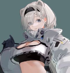 Rule 34 | 1girl, animal ears, arknights, aurora (arknights), bear ears, black gloves, black hairband, black shirt, breasts, cleavage, cleavage cutout, clothing cutout, commentary request, crop top, cropped jacket, eyes visible through hair, gloves, grey background, grey eyes, grin, hair over one eye, hairband, hand up, highres, jacket, johnsmith (icannotname), long sleeves, looking at viewer, midriff, parted lips, shirt, short hair, silver hair, simple background, smile, solo, stomach, upper body, white jacket