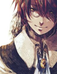 Rule 34 | 1boy, ascot, black vest, bloodborne, blue ascot, brooch, closed mouth, collared shirt, commentary request, glasses, hair between eyes, hunter (bloodborne), jewelry, looking at viewer, male focus, pince-nez, portrait, red hair, round eyewear, shirt, short hair, simple background, smile, solo, tokio (okt0w0), vest, white background, white shirt, yellow eyes