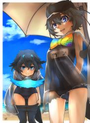 Rule 34 | 2girls, :d, arms behind back, bad id, bad pixiv id, beach, beach umbrella, bird tail, black hair, black headwear, black legwear, black one-piece swimsuit, blue eyes, blue sky, bow, bowtie, clothes pull, cloud, commentary request, covered navel, day, gluteal fold, hair between eyes, hat, head wings, highres, kemono friends, leaning forward, looking at viewer, multiple girls, name tag, one-piece swimsuit, open mouth, outdoors, pantyhose, pantyhose pull, rainbow neckwear, robe, school swimsuit, see-through, sky, smile, superb bird-of-paradise (kemono friends), swimsuit, tail, thin (suzuneya), umbrella, western parotia (kemono friends), wings