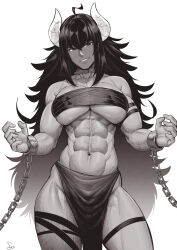 Rule 34 | 1girl, abs, absurdres, ahoge, bare shoulders, biceps, big hair, breasts, chest sarashi, collar, commentary, contrapposto, cowboy shot, cuffs, demon girl, demon horns, english commentary, flipped hair, greyscale, grin, hair between eyes, highres, horns, large breasts, loincloth, long hair, looking at viewer, monochrome, muscular, muscular female, navel, open hands, original, sarashi, shackles, sidelocks, signature, simple background, smile, solo, speedl00ver, spiked collar, spikes, standing, stomach, thigh strap, underboob, v-shaped eyebrows, very long hair