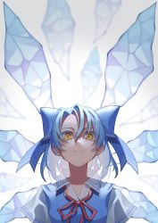 Rule 34 | 1girl, absurdres, alternate eye color, artist request, blue bow, blue dress, blue hair, blue ribbon, bow, cirno, close-up, closed mouth, collared shirt, commentary request, crystal, dress, earrings, gradient background, grey background, highres, huge filesize, ice, ice wings, jewelry, large wings, light particles, looking at viewer, looking down, parted bangs, red neckwear, red ribbon, ribbon, shirt, short hair, short sleeves, slit pupils, solo, touhou, upper body, white background, white shirt, wide sleeves, wing collar, wings, yellow eyes