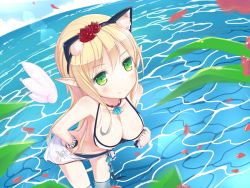 Rule 34 | 1girl, animal ears, bad id, bad pixiv id, bare shoulders, bikini, bikini pull, blonde hair, blush, bracelet, breasts, cat ears, cleavage, clothes pull, dexp, elf, elsword, flower, from above, green eyes, hair flower, hair ornament, hairband, hand on own hip, headband, jewelry, large breasts, leaning forward, lens flare, long hair, looking at viewer, necklace, ocean, petals, pointy ears, pulled by self, rena erindel, sarong, smile, solo, swimsuit, wading, water, wings
