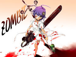 Rule 34 | 1girl, ahoge, bandages, barefoot, biohazard symbol, blood, chainsaw, chima q, collar, eyepatch, green eyes, hair ornament, highres, intravenous drip, monster girl, night of the living dead, original, purple hair, ringed eyes, short hair, solo, @ @, zombie