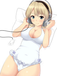 Rule 34 | 10s, 1girl, adjusting headphones, bad id, bad pixiv id, blonde hair, blue eyes, blush, braid, breasts, casual one-piece swimsuit, cavle, cleavage, covered navel, darjeeling (girls und panzer), frilled swimsuit, frills, girls und panzer, headphones, highres, large breasts, media player interface, navel, nksk, one-piece swimsuit, short hair, smile, solo, swimsuit, twin braids, white one-piece swimsuit