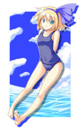 Rule 34 | 1girl, alice margatroid, alice margatroid (pc-98), arms behind back, barefoot, blonde hair, feet, female focus, flat chest, green eyes, hairband, mystic square, nirap, one-piece swimsuit, school swimsuit, short hair, smile, solo, swimsuit, touhou, touhou (pc-98)