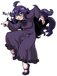Rule 34 | 1girl, @ @, ahoge, breasts, creatures (company), dress, drooling, full body, game freak, hair between eyes, hairband, hex maniac (pokemon), long dress, long hair, long sleeves, looking at viewer, mary janes, matching hair/eyes, medium breasts, messy hair, nail polish, nintendo, open mouth, pokemon, pokemon xy, purple dress, purple eyes, purple hair, purple nails, shoes, simple background, smile, solo, standing, standing on one leg, sweat, takura mahiro, tiptoes, turtleneck, white background