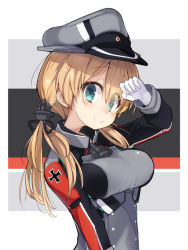Rule 34 | 1girl, anchor hair ornament, aqua eyes, arm up, black ribbon, blonde hair, blush, breasts, closed mouth, eyelashes, gloves, hair between eyes, hair ornament, hat, kantai collection, long sleeves, looking at viewer, low twintails, military, military uniform, peaked cap, prinz eugen (kancolle), ribbon, salamander (hop-step), smile, solo, twintails, uniform, upper body, white background, white gloves
