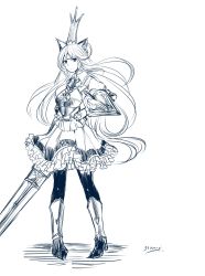 Rule 34 | 10s, 1girl, alternate height, animal ears, armor, armored boots, artist name, boots, breastplate, cat ears, charlotta (granblue fantasy), closed mouth, commentary, crown, erune, full body, granblue fantasy, greenopi, greyscale, highres, long hair, monochrome, pantyhose, petticoat, puffy sleeves, shield, sketch, skirt, solo, standing, sword, very long hair, weapon