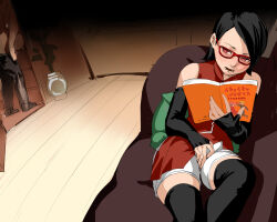 Rule 34 | 1boy, 2girls, bare shoulders, black hair, black thighhighs, book, boruto: naruto next generations, couch, dress, elbow gloves, feet out of frame, female masturbation, fingering, fingerless gloves, glasses, gloves, hua zhong yu, indoors, lower teeth only, masturbation, multiple girls, naruto (series), parted lips, pillow, reading, red-framed eyewear, red dress, red eyes, short hair, shorts, sleeveless, sleeveless dress, teeth, thighhighs, thighs, uchiha sarada, white shorts, wooden floor