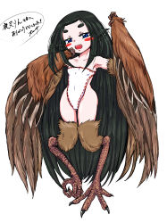 Rule 34 | 1girl, absurdly long hair, animal ears, animal hands, bird ears, bird legs, black hair, blue eyes, blush stickers, borrowed character, breasts, brown feathers, brown wings, commentary request, feathered wings, feathers, harpy, highres, leotard, long hair, monster girl, olsa (oftintys), original, simple background, small breasts, solo, talons, thick eyebrows, very long hair, white background, winged arms, wings
