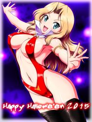 Rule 34 | 10s, 1girl, 2015, armlet, blonde hair, blue eyes, boots, breasts, cosplay, dated, covered erect nipples, fang, girls und panzer, halloween, happy halloween, kay (girls und panzer), large breasts, long hair, looking at viewer, navel, outstretched arms, slingshot swimsuit, smile, spread arms, standing, swimsuit, tanuki yousuke, thigh boots, thighhighs, vampirella, vampirella (character), vampirella (character) (cosplay)