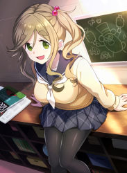 Rule 34 | 1girl, black pantyhose, blonde hair, breasts, cardigan, chalkboard, commentary, dutch angle, fang, green eyes, hair bobbles, hair ornament, indoors, inuyama aoi, large breasts, looking at viewer, mirai denki, pantyhose, sailor collar, school uniform, side ponytail, sitting, skin fang, solo, tareme, thick eyebrows, yurucamp