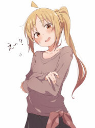 Rule 34 | 1girl, ahoge, black skirt, blonde hair, blush, bocchi the rock!, brown eyes, brown shirt, collarbone, eitopondo, highres, ijichi nijika, long hair, long sleeves, looking at viewer, one side up, open mouth, shirt, simple background, skirt, solo, upper body, white background