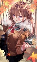 Rule 34 | 1girl, :d, ahoge, autumn, autumn leaves, bad id, bad pixiv id, bag, black skirt, blazer, blush, bow, bowtie, breath, brown hair, can, cowboy shot, day, earrings, falling leaves, fence, hair between eyes, hand on own chest, highres, holding, holding can, jacket, jewelry, leaf, long hair, long sleeves, looking at viewer, maple leaf, miniskirt, multicolored clothes, multicolored scarf, nozomi fuuten, open clothes, open jacket, open mouth, original, outdoors, pleated skirt, pov, purple eyes, red bow, red bowtie, scarf, school bag, school uniform, skirt, smile, solo, stud earrings, unbuttoned