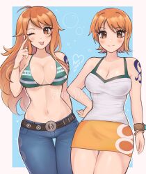 Rule 34 | 2girls, ;p, ahoge, bare arms, bare shoulders, belt, bikini, bikini top only, black belt, blush, bracelet, breasts, brown eyes, camisole, cleavage, commentary, cowboy shot, denim, dual persona, hand on own hip, highres, jeans, jewelry, large breasts, long hair, looking at viewer, miniskirt, multiple girls, nami (one piece), navel, one eye closed, one piece, orange hair, orange skirt, pants, pencil skirt, purrlucii, short hair, skirt, smile, spaghetti strap, standing, stomach, swimsuit, thighs, tongue, tongue out, very long hair