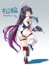 Rule 34 | 1girl, adapted costume, animal ears, ass, bare shoulders, blush, boots, breasts, fake animal ears, green eyes, gun, kantai collection, knee boots, leotard, long hair, looking at viewer, looking back, matsuwa (kancolle), necktie, open mouth, playboy bunny, purple hair, rabbit ears, rabbit tail, small breasts, solo, standing, standing on one leg, tail, tatsumi ray, very long hair, weapon, white legwear, wrist cuffs