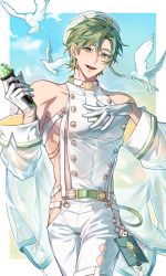 Rule 34 | 1boy, beads, bird, detached sleeves, gem, gloves, green eyes, green hair, half gloves, hands on own chest, highres, holding, holding microphone, idol, long sleeves, looking at viewer, male focus, microphone, nu carnival, olivine (nu carnival), pigeon, see-through, see-through sleeves, short hair, smile, tassel, white gloves, white headwear, yoture23