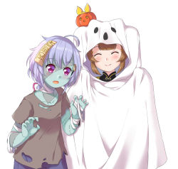 Rule 34 | 2girls, :o, ^ ^, absurdres, ahoge, alternate costume, alternate skin color, bandaged arm, bandaged neck, bandages, blunt bangs, blush, braid, braided ponytail, brown hair, candy rimo, chinese clothes, closed eyes, coin hair ornament, collarbone, commentary request, genshin impact, ghost costume, hair between eyes, hair ornament, halloween, halloween costume, highres, jack-o&#039;-lantern, long hair, low ponytail, multiple girls, ofuda, ofuda on clothes, outstretched arms, pale skin, patchwork skin, purple eyes, purple hair, qiqi (genshin impact), shirt, short sleeves, sidelocks, simple background, single thighhigh, smile, t-shirt, thighhighs, torn clothes, torn shirt, trait connection, white background, yaoyao (genshin impact), zombie, zombie pose