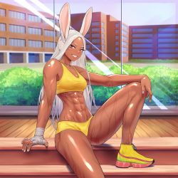 Rule 34 | 1girl, abs, animal ears, bandaged hand, bandages, boku no hero academia, breasts, cala (artist), dark-skinned female, dark skin, gabriel carrasquillo, hand on own knee, highres, knee up, long eyelashes, long hair, looking at viewer, midriff, mirko, multicolored nails, nail polish, parted bangs, rabbit ears, rabbit girl, red eyes, shiny skin, short shorts, shorts, signature, sitting, smile, solo, sports bra, sportswear, sweat, thighs, toned, white hair, workout clothes, yellow footwear, yellow shorts, yellow sports bra