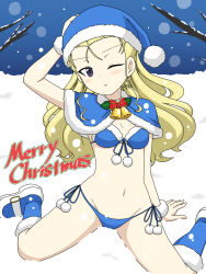 Rule 34 | 1girl, :o, assam (girls und panzer), bare tree, bell, bikini, blonde hair, blue bikini, blue capelet, blue eyes, blue footwear, blue hat, blurry, bokeh, boots, breasts, capelet, christmas, commentary, day, depth of field, english text, front-tie bikini top, front-tie top, fur-trimmed capelet, fur cuffs, fur trim, girls und panzer, girls und panzer senshadou daisakusen!, groin, hair pulled back, hand on another&#039;s head, hat, highres, holly, ichinose jun, long hair, looking at viewer, merry christmas, neck bell, night, night sky, official alternate costume, one eye closed, outdoors, parted lips, santa bikini, santa boots, santa hat, side-tie bikini bottom, sitting, sky, small breasts, snowing, solo, swimsuit, tree, wariza