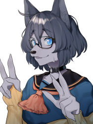 Rule 34 | 1boy, absurdres, ahoge, animal ear fluff, animal ears, aqua shirt, black-framed eyewear, black hair, blue eyes, braid, braided bangs, brown gloves, choker, collarbone, commentary request, double v, fingerless gloves, furrification, furry, furry male, glasses, gloves, grey fur, hair between eyes, hands up, highres, indie virtual youtuber, kushizaki (vtuber), looking at viewer, male focus, o-ring, o-ring choker, open mouth, ribbed gloves, sailor collar, shirt, short hair, simple background, single braid, solo, st (youx1119), sweatdrop, upper body, v, virtual youtuber, white background, wolf ears