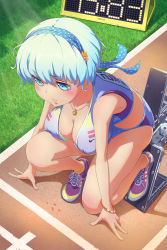 Rule 34 | 1girl, bad id, bad pixiv id, blue eyes, blue hair, breasts, cleavage, from above, full body, headband, jewelry, light rays, loup, matching hair/eyes, necklace, original, outdoors, ringed eyes, short hair, solo, squatting, sweat, track and field